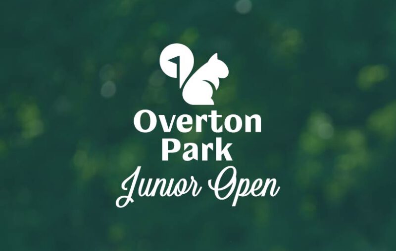 Green leafy background with white logo for Overton Park Junior Open.